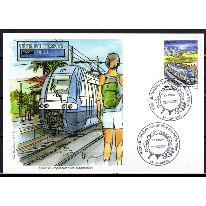 Souvenir philatélique FFAP Carte Fête du timbre 2022 Le Timbre prend le  Train Chinon 37 chez Philarama37
